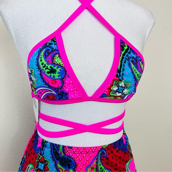 NWT Mystique Apparel Pink Paisley Love Triangle Top, Bottoms & Skirt Rave Set - Picture 6 of 16